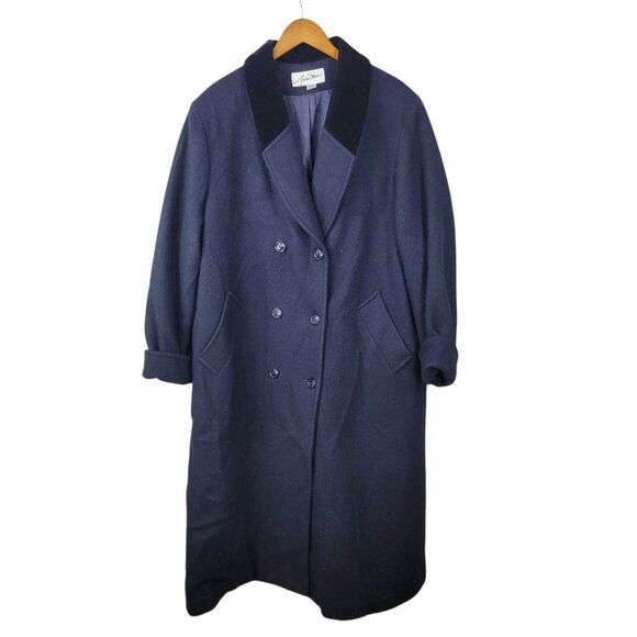 Vintage Wool Winter Long Coat Plus 20W Blue Velvet Trim Trench Double Breasted - Picture 2 of 7